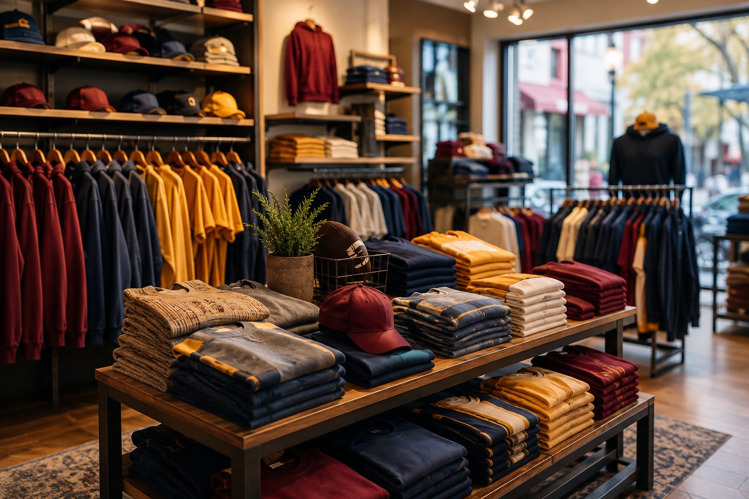 Campus apparel boutique with collegiate tees, hoodies and caps