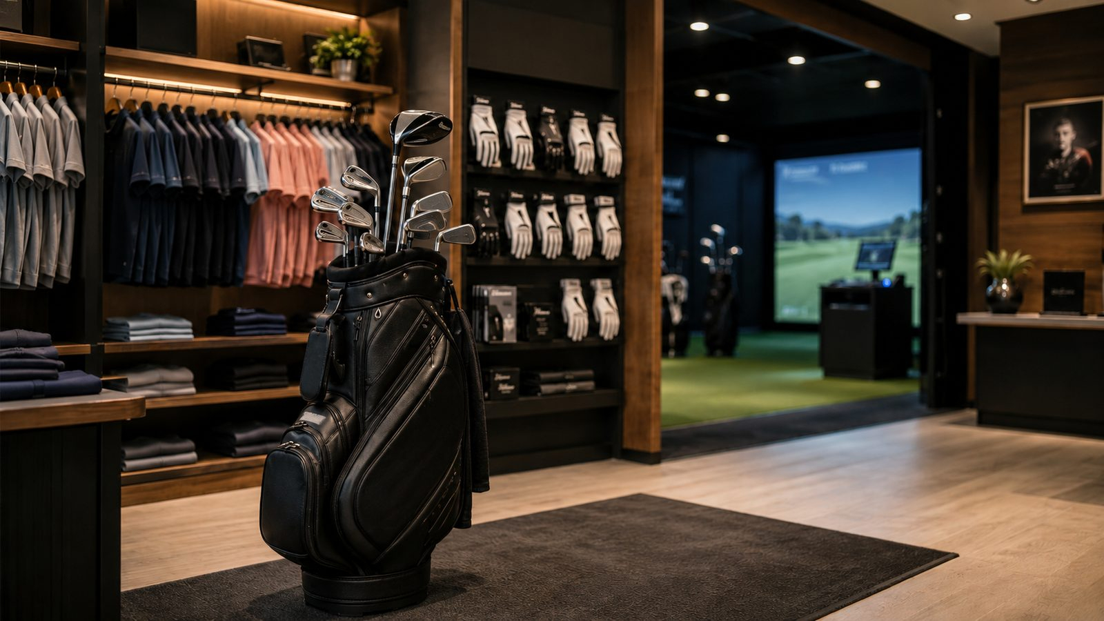 Golf pro shop interior with club sets, bags and apparel