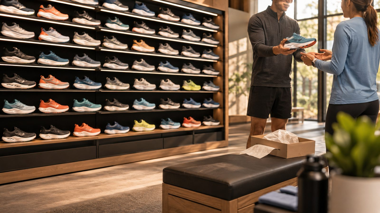 Run specialty store with a wall of running shoes in many sizes and widths