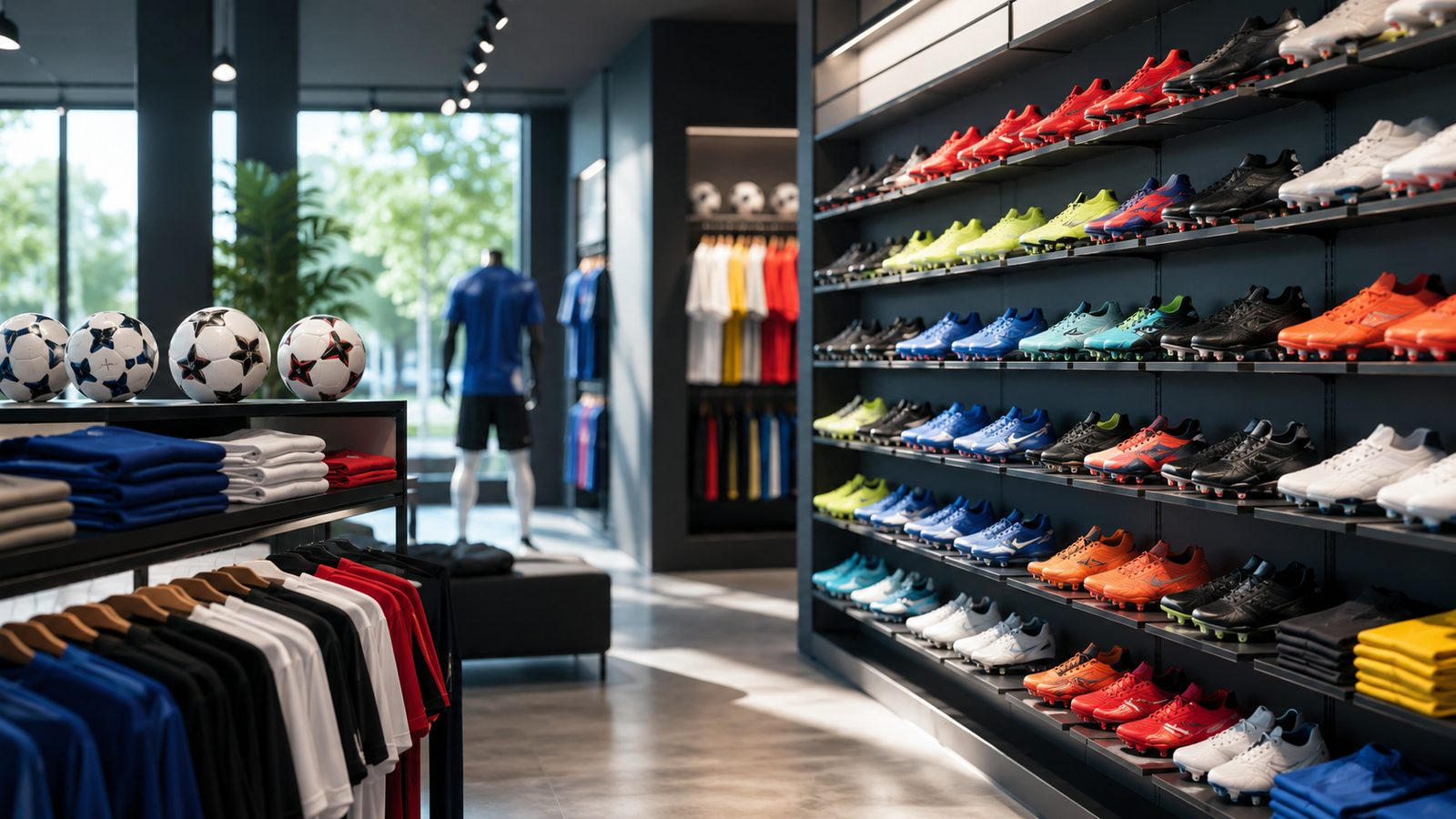Soccer store with a wall of cleats and folded team kit